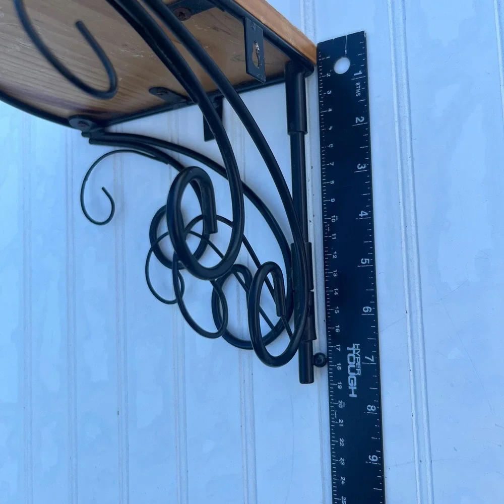 Vintage Corner Wall Shelf Wood Top Black Wrought Iron Scrollwork Bracket 8.5in